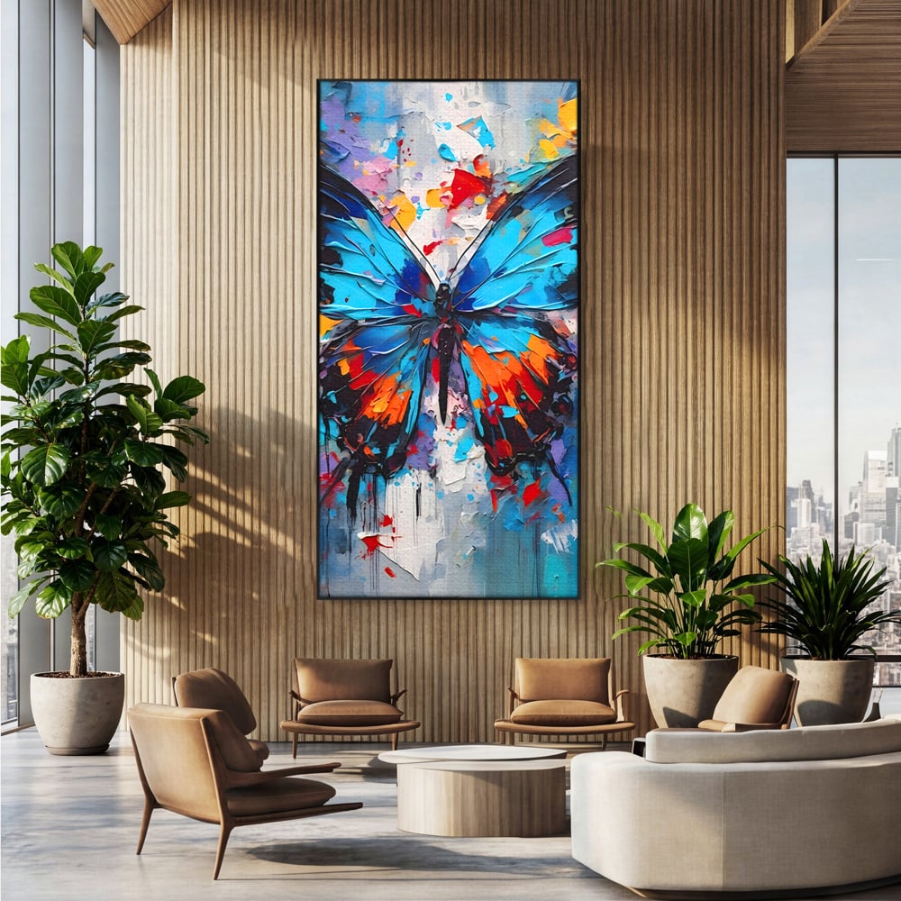 Tablou canvas cu pictura cu fluture albastru, in rama de aluminiu negru, pe perete intr-un birou